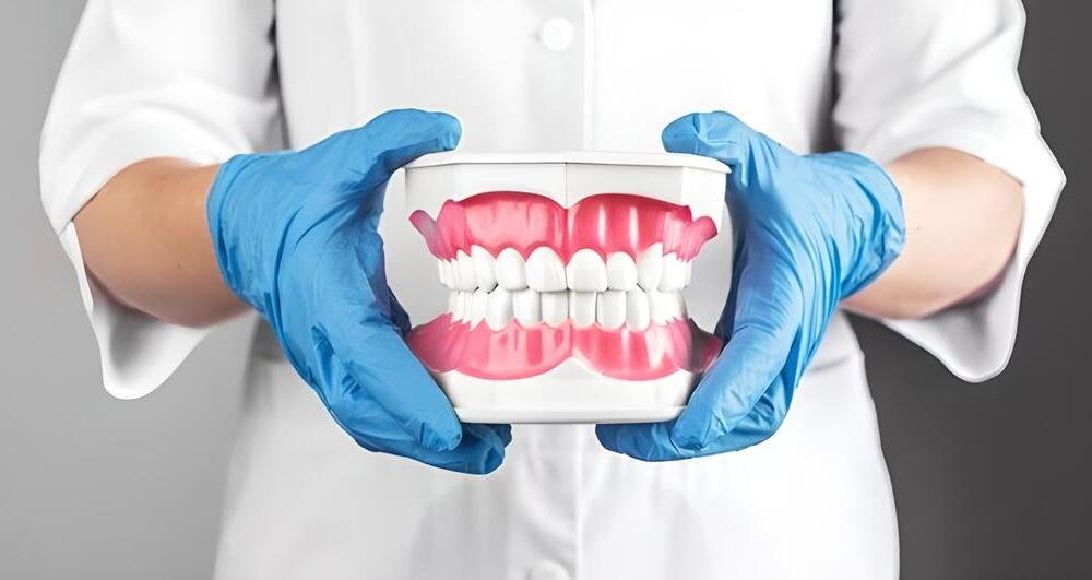 dentista que sostiene modelo dientes mandibula diente limpio saludable